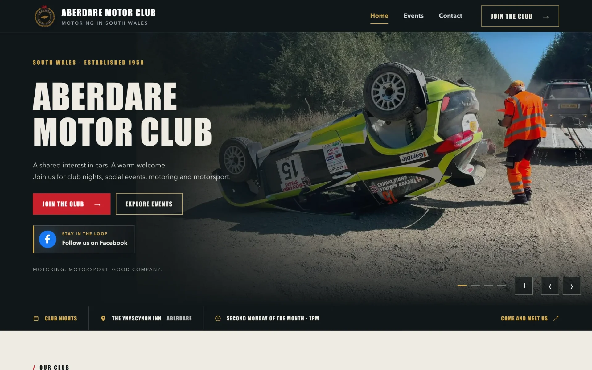 Desktop view of the actual Aberdare Motor Club homepage, with its club branding, navigation and featured motorsport imagery