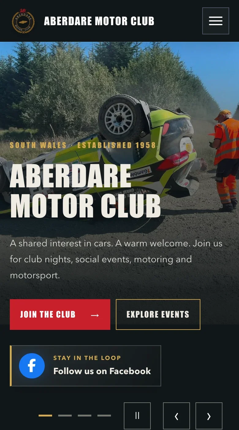 Mobile view of the actual Aberdare Motor Club homepage, showing its compact navigation and responsive layout